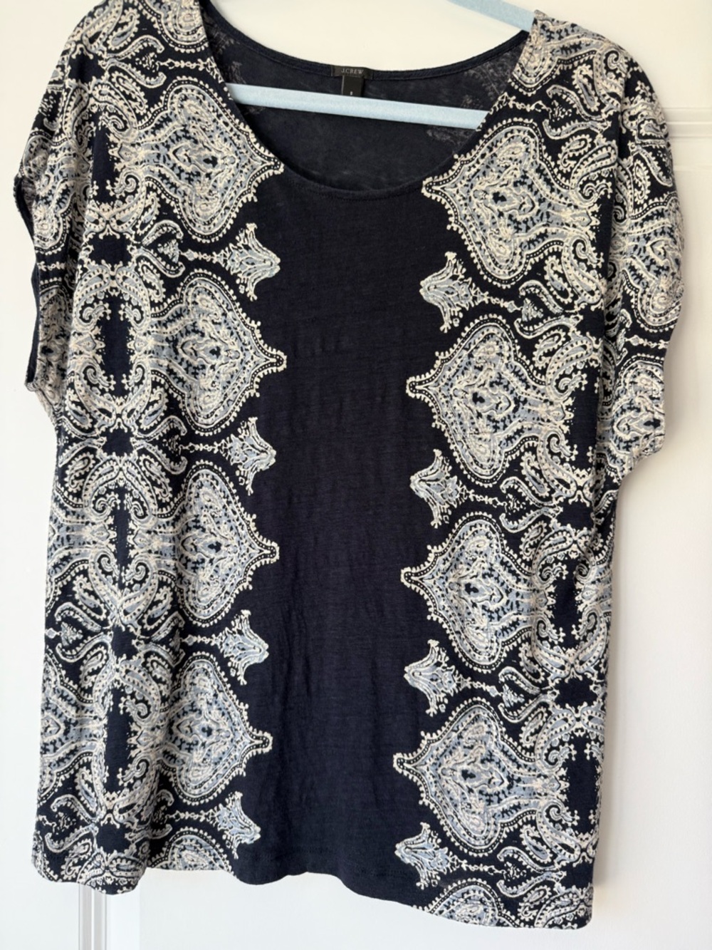 J. Crew 100% Linen, Navy Patterned Short Sleeve, Small